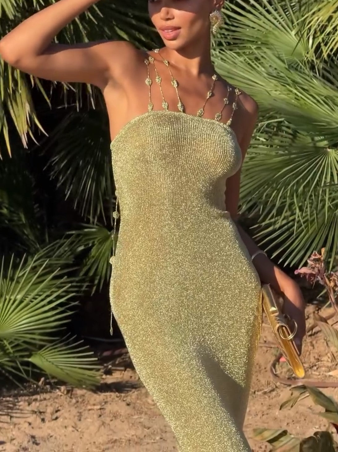 Gold Glitter Strappy Midi Dress Beaded Strap Bodycon Party Evening Dress