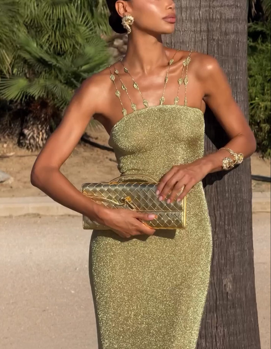 Gold Glitter Strappy Midi Dress Beaded Strap Bodycon Party Evening Dress