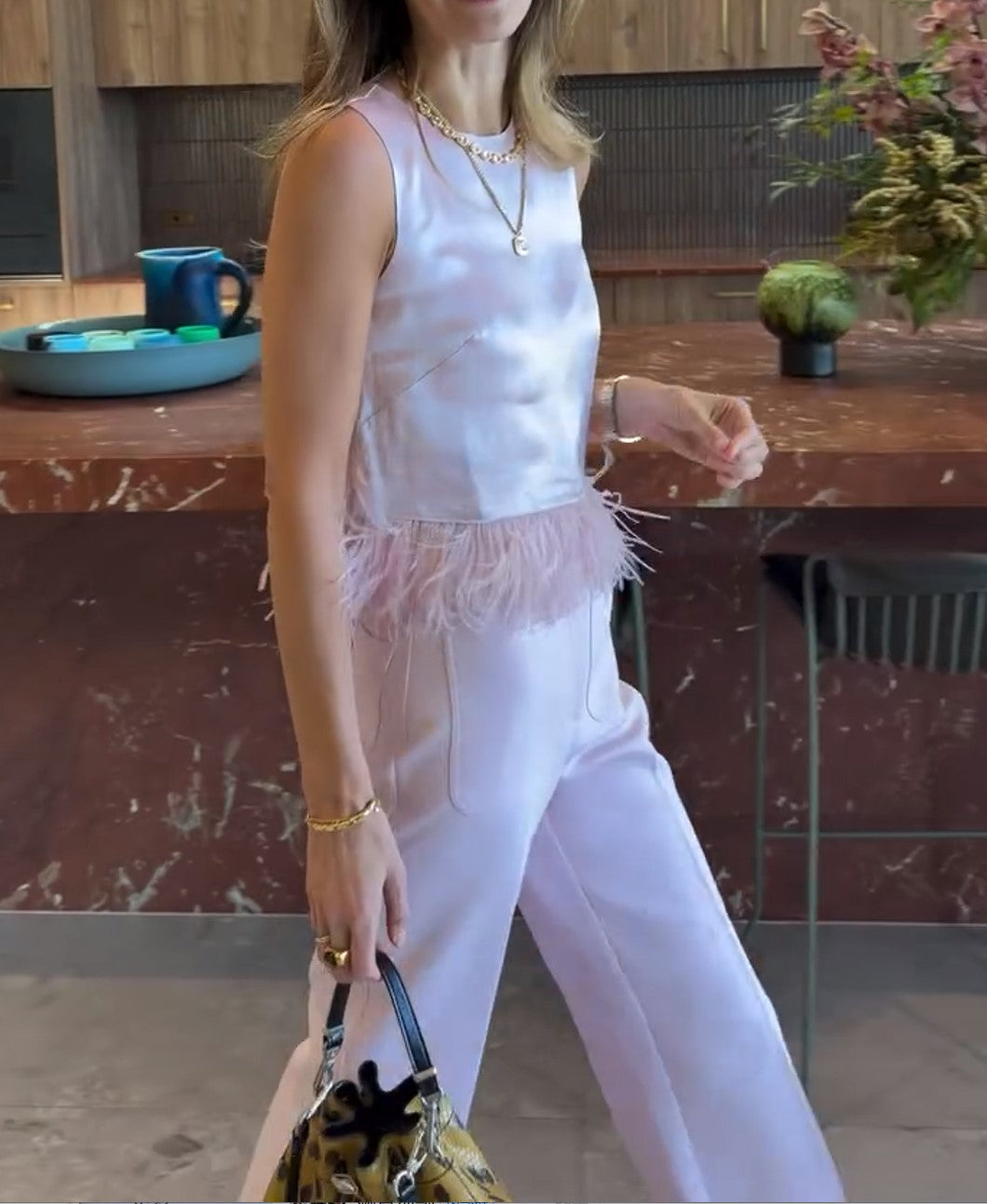 Pink Satin Feather Trim Sleeveless Top & Wide Leg Pants Two Piece Outfit