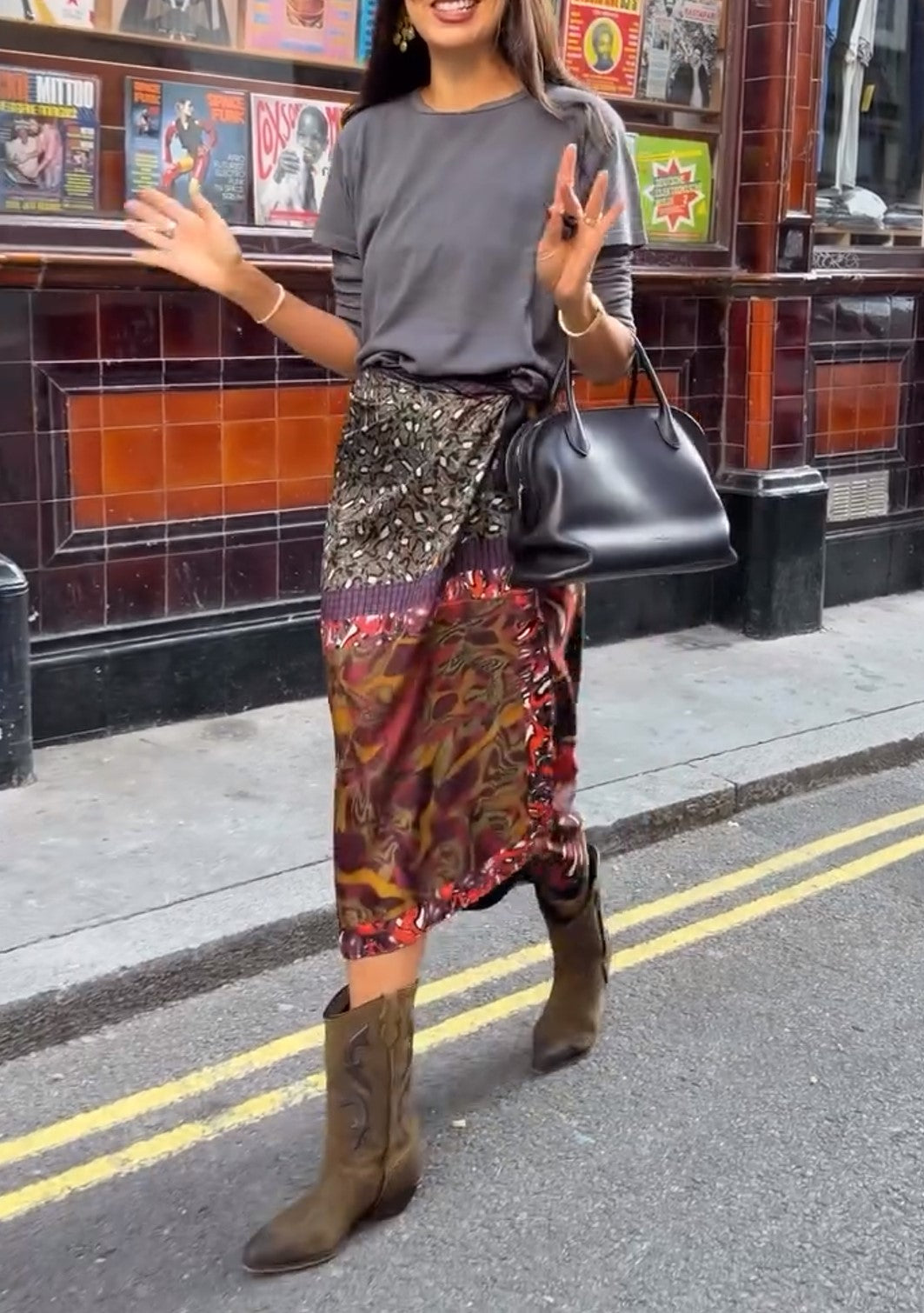 Mixed Print Wrap Midi Skirt Color Block Satin Asymmetrical Skirt