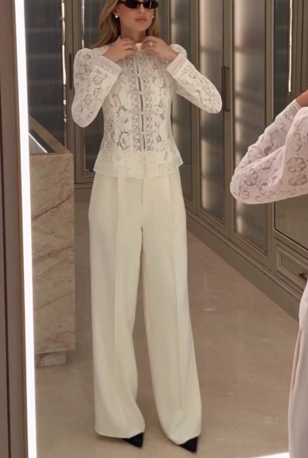 White Lace Frog Button Long Sleeve Top & Wide Leg Pants Two Piece Suit