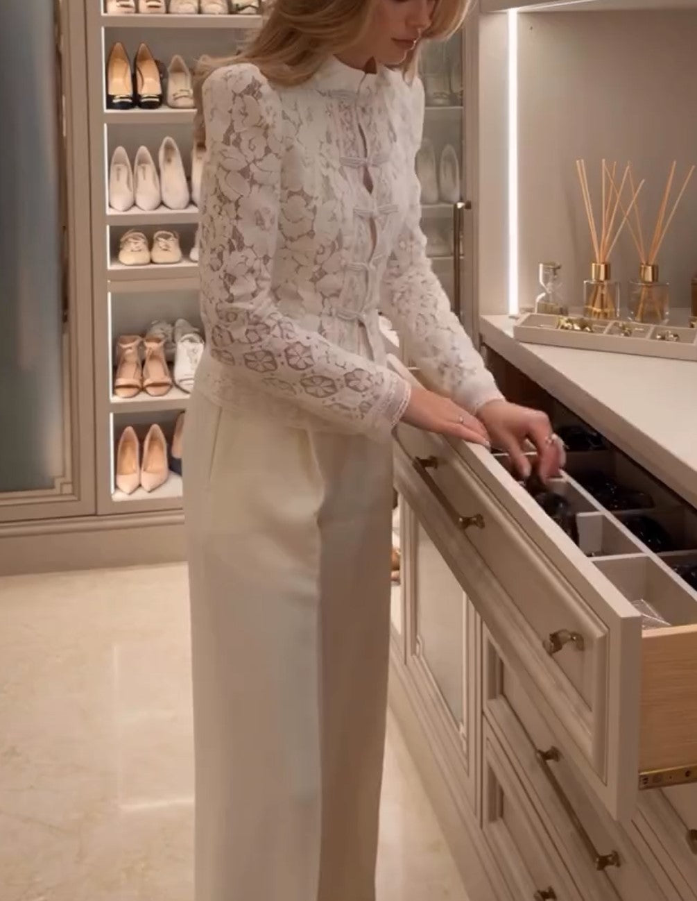 White Lace Frog Button Long Sleeve Top & Wide Leg Pants Two Piece Suit