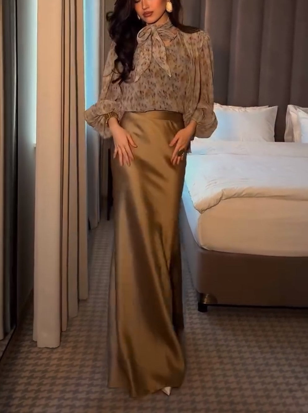 Speckled Chiffon Bow Blouse & Gold Satin Maxi Skirt Two Piece Set