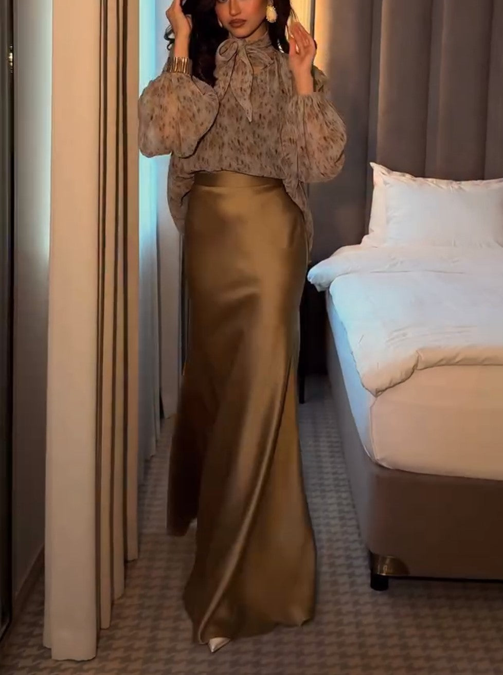 Speckled Chiffon Bow Blouse & Gold Satin Maxi Skirt Two Piece Set