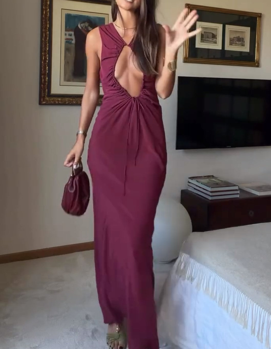 Burgundy Sleeveless Cutout Maxi Dress Ruched Front Evening Gown