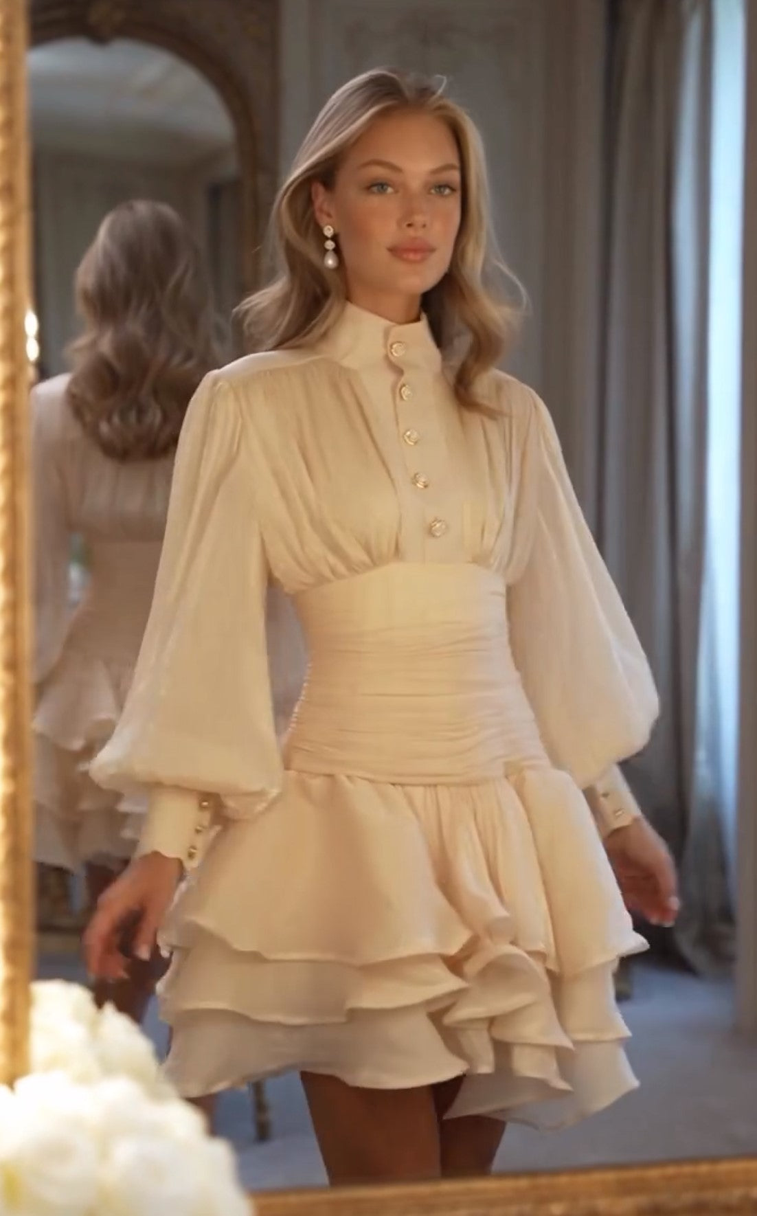 Cream High Neck Puff Sleeve Ruffled Mini Dress Waist Ruched Formal Dress