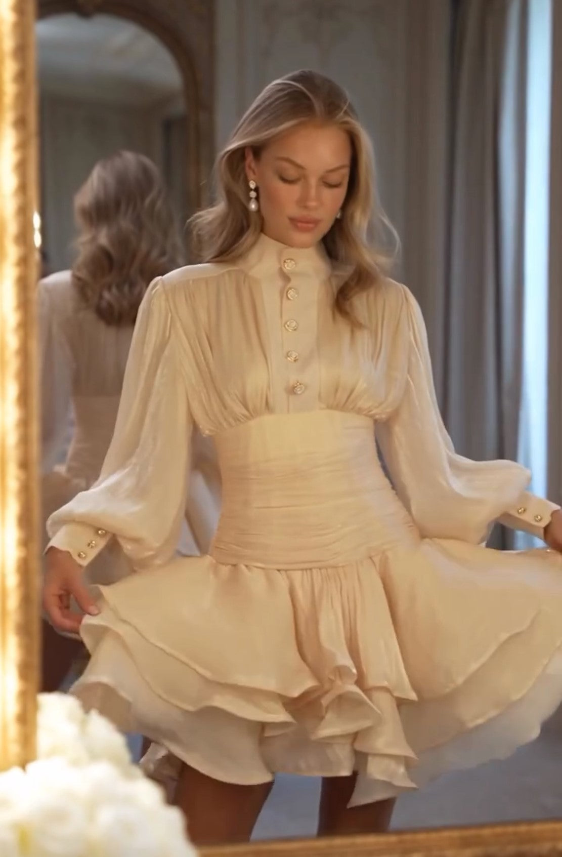 Cream High Neck Puff Sleeve Ruffled Mini Dress Waist Ruched Formal Dress