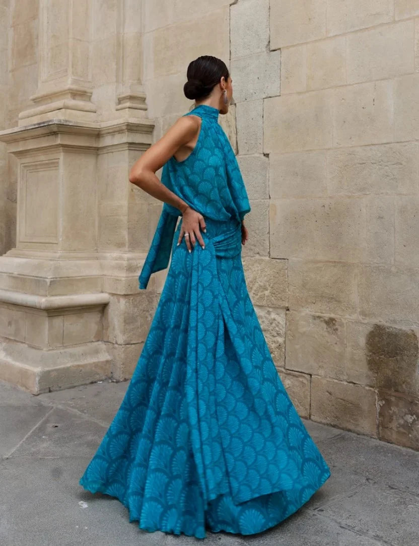 Ärmelloses A-Linien-Maxikleid mit Neckholder, Fächerprint und drapierter Taille