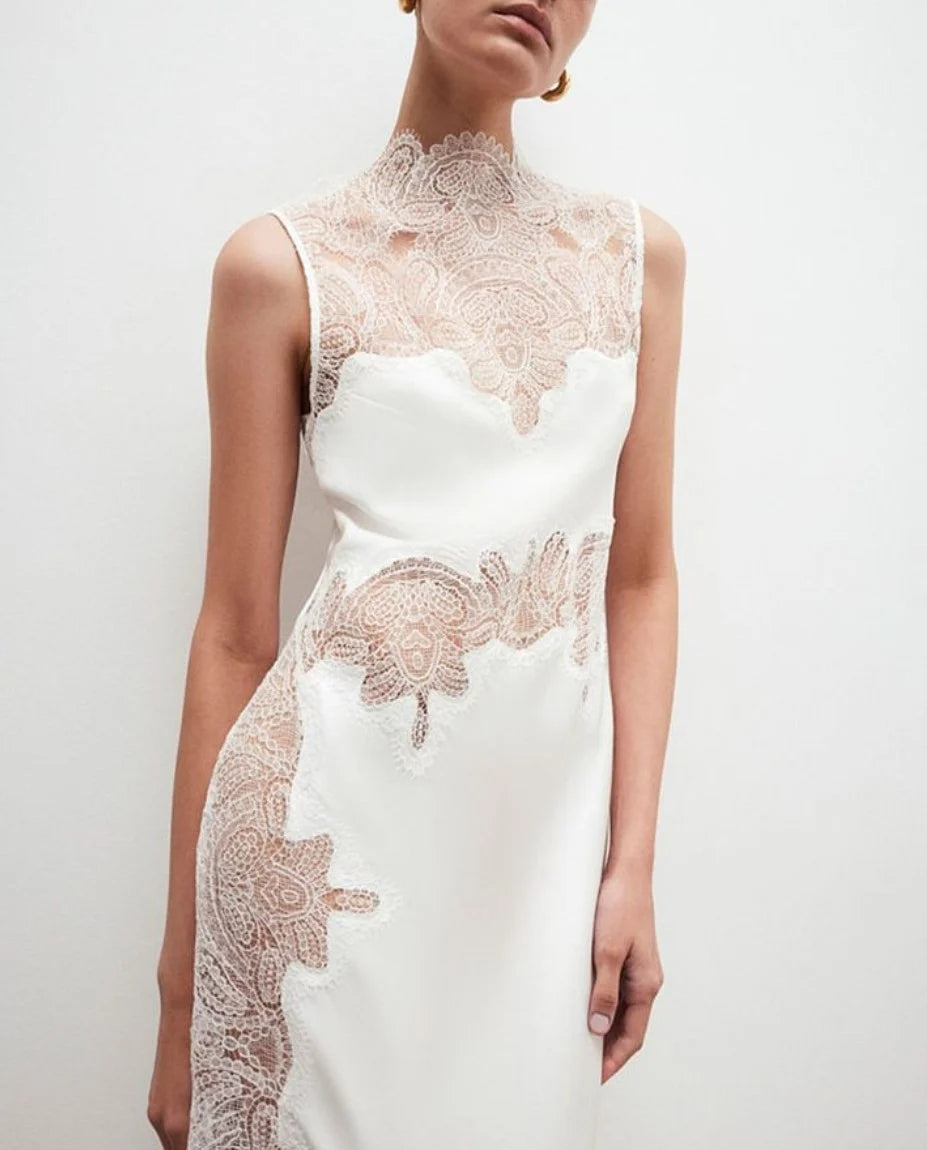 White High Neck Sleeveless Sheer Lace Patchwork Satin Maxi Dress