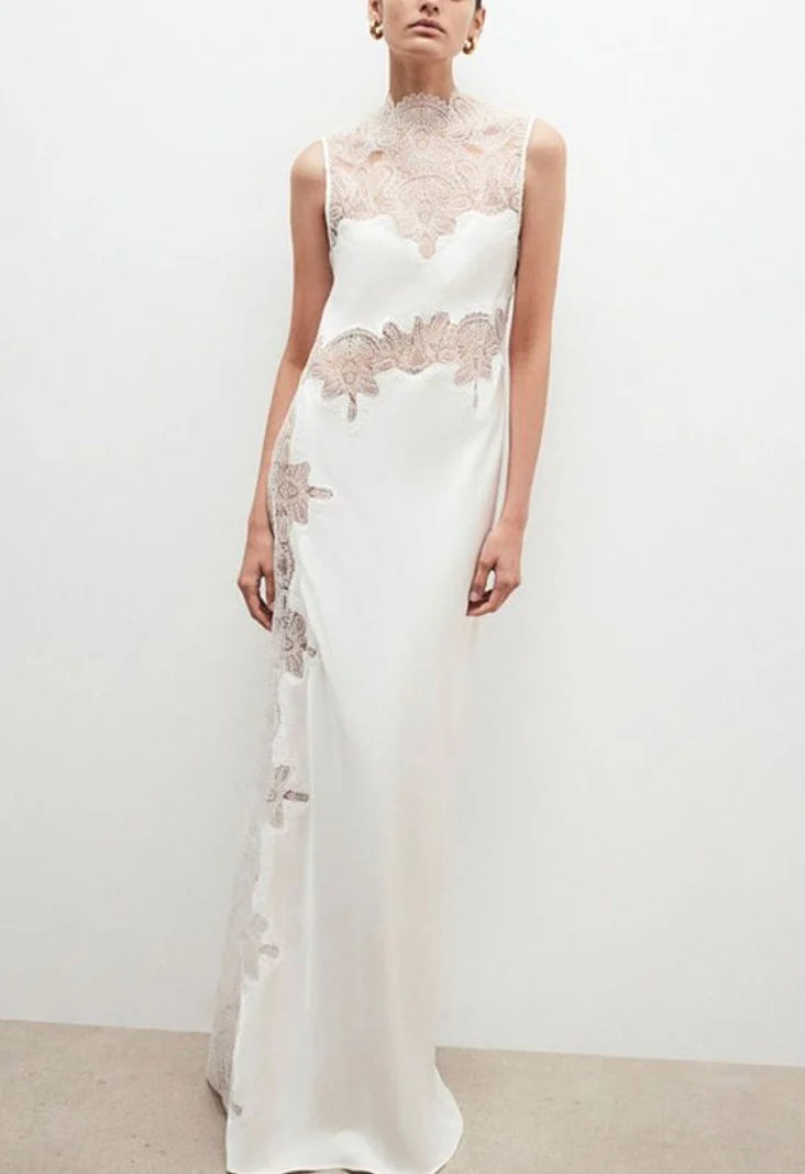White High Neck Sleeveless Sheer Lace Patchwork Satin Maxi Dress