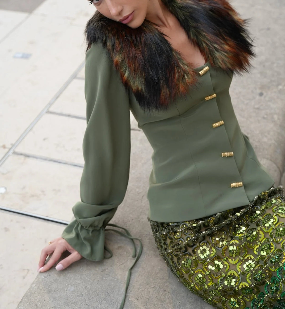 Olive Green Faux Fur Collar Long Sleeve Top and Sequin Midi Skirt Two Piece Set