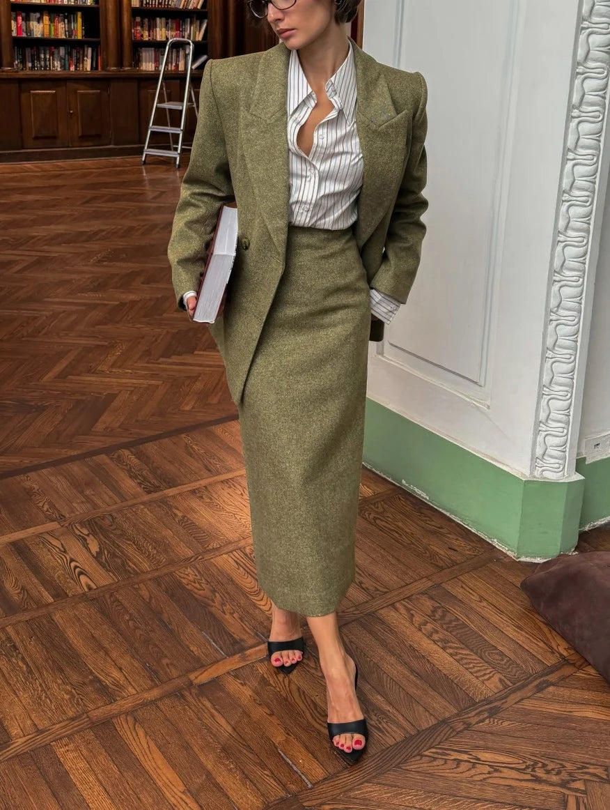 Women's Olive Green Tailored Blazer and Column Maxi Skirt Two Piece Set