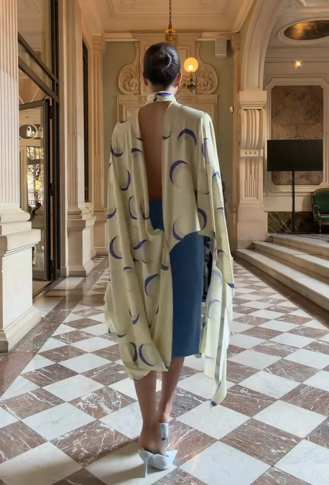 Printed Draped Cape Top and Blue Front Slit Midi Skirt Two Piece Set