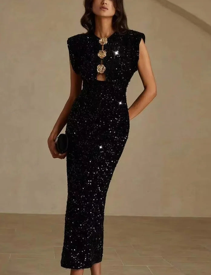 Black Sequin Sleeveless Maxi Dress with Gold Flower Button Cutout