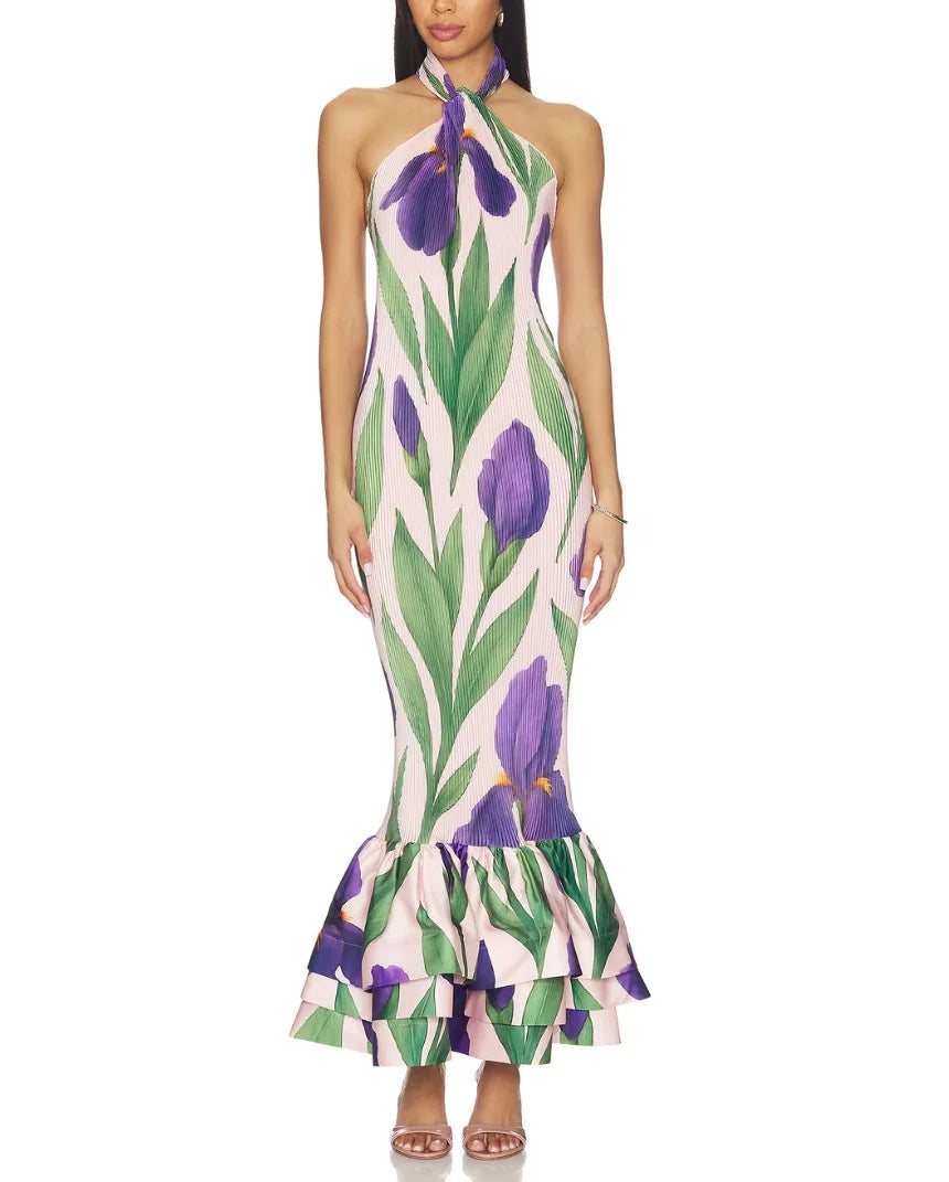 Floral Print Halter Neck Tiered Ruffle Mermaid Maxi Dress
