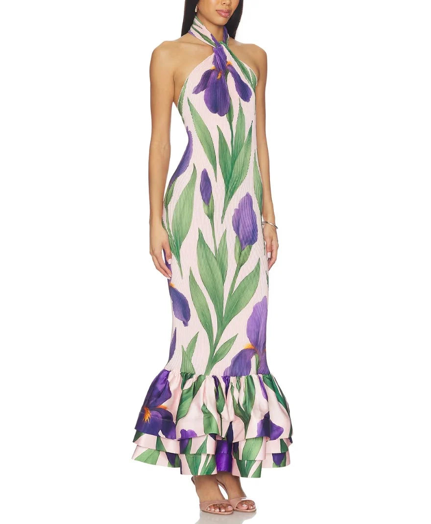 Floral Print Halter Neck Tiered Ruffle Mermaid Maxi Dress