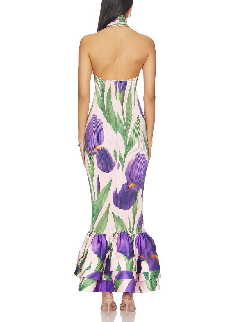 Floral Print Halter Neck Tiered Ruffle Mermaid Maxi Dress