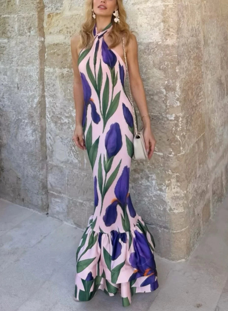 Floral Print Halter Neck Tiered Ruffle Mermaid Maxi Dress