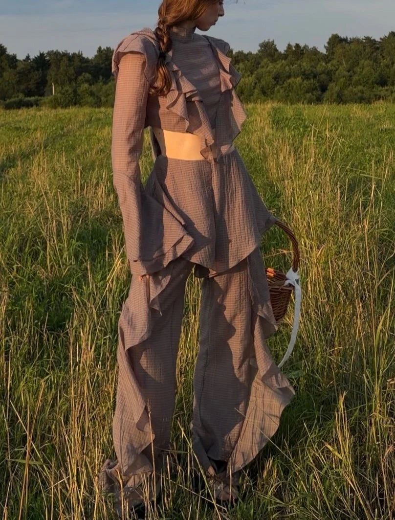 Women's Plaid Ruffle Mock Neck Crop Top and Wide Leg Trousers Two Piece Set
