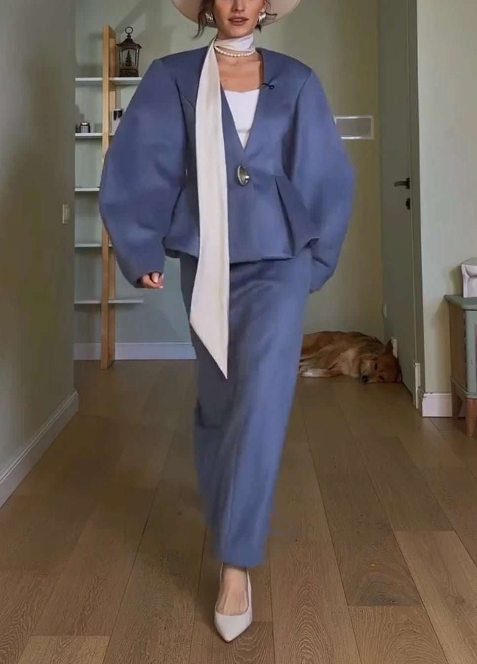 Women's Dusty Blue Lantern Sleeve Peplum Jacket and Column Maxi Skirt Set