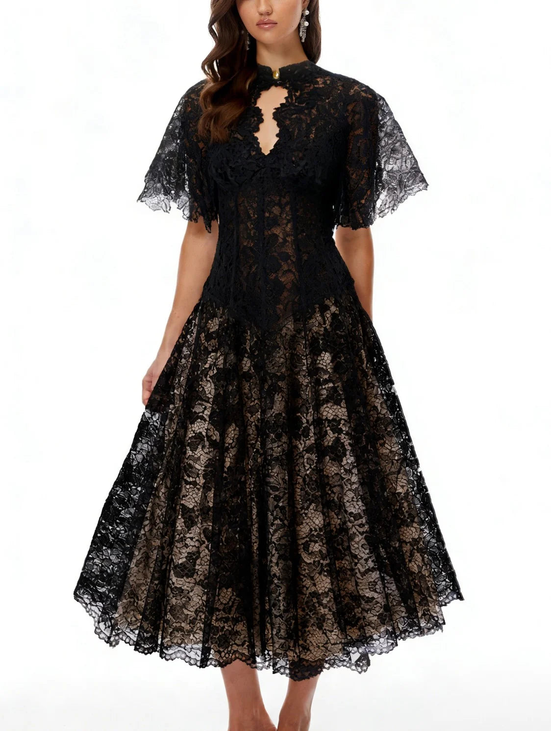 Black Floral Lace Mock Neck A-Line Midi Dress with Flutter Sleeves