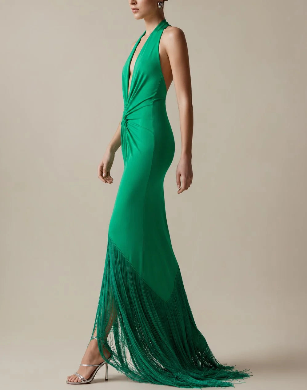 Emerald Green Plunge Halter Twist Front Fringe Slit Maxi Dress