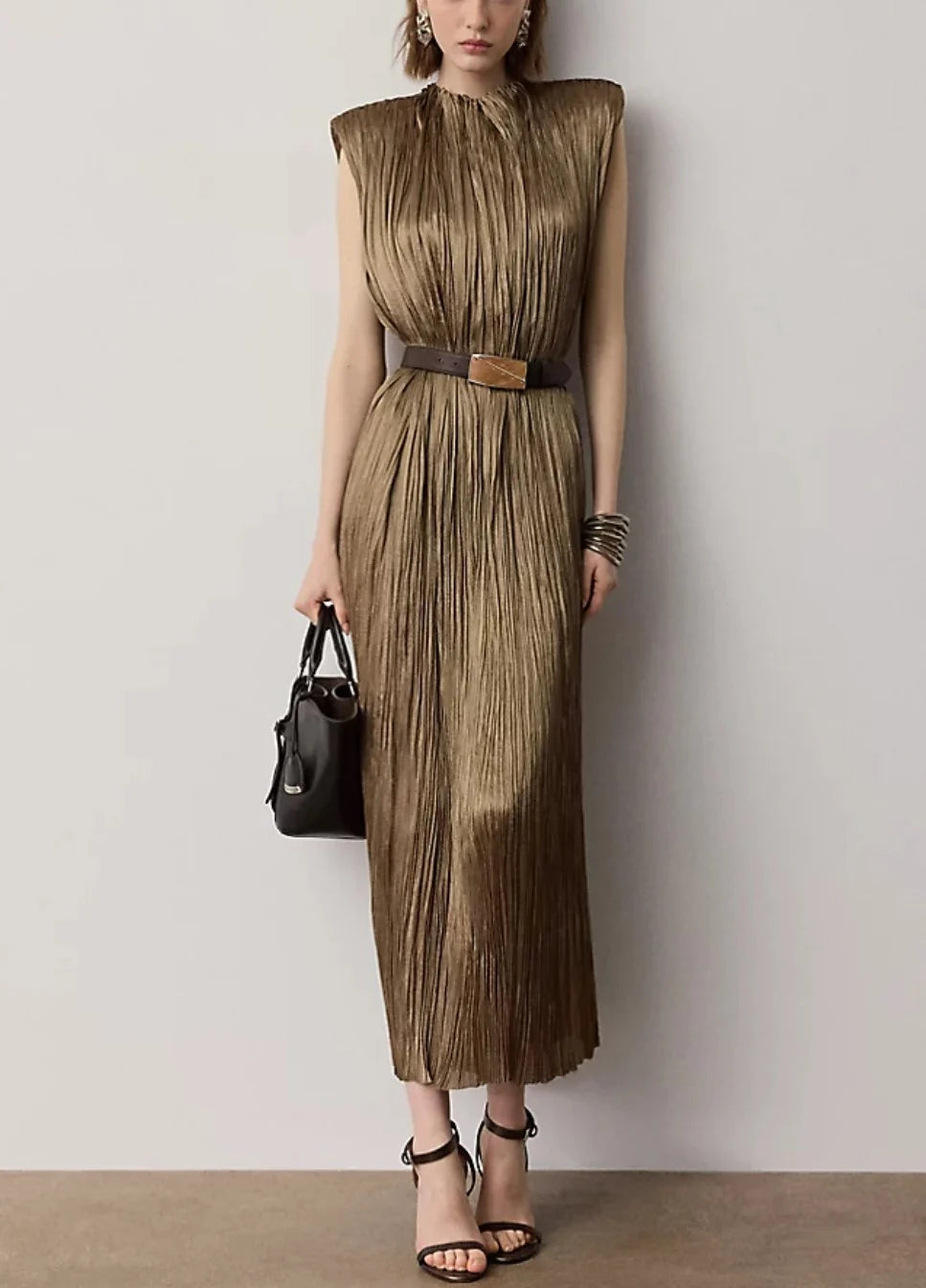 Metallic Pleated Padded Shoulder Sleeveless Column Maxi Dress with High Neck