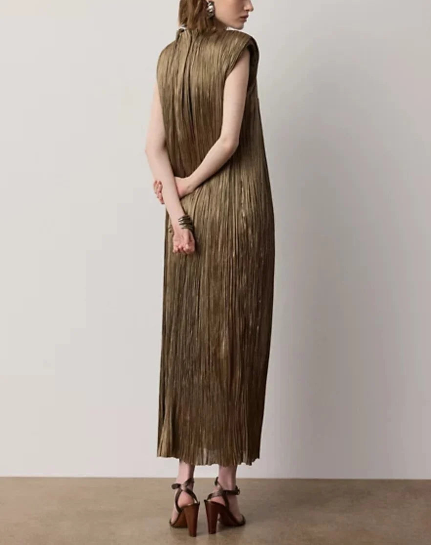 Metallic Pleated Padded Shoulder Sleeveless Column Maxi Dress with High Neck
