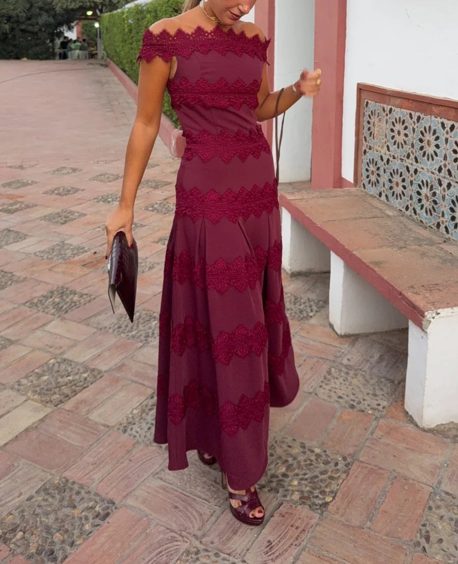 Burgundy Off-the-Shoulder Lace Trim Pleated A-Line Maxi Dress