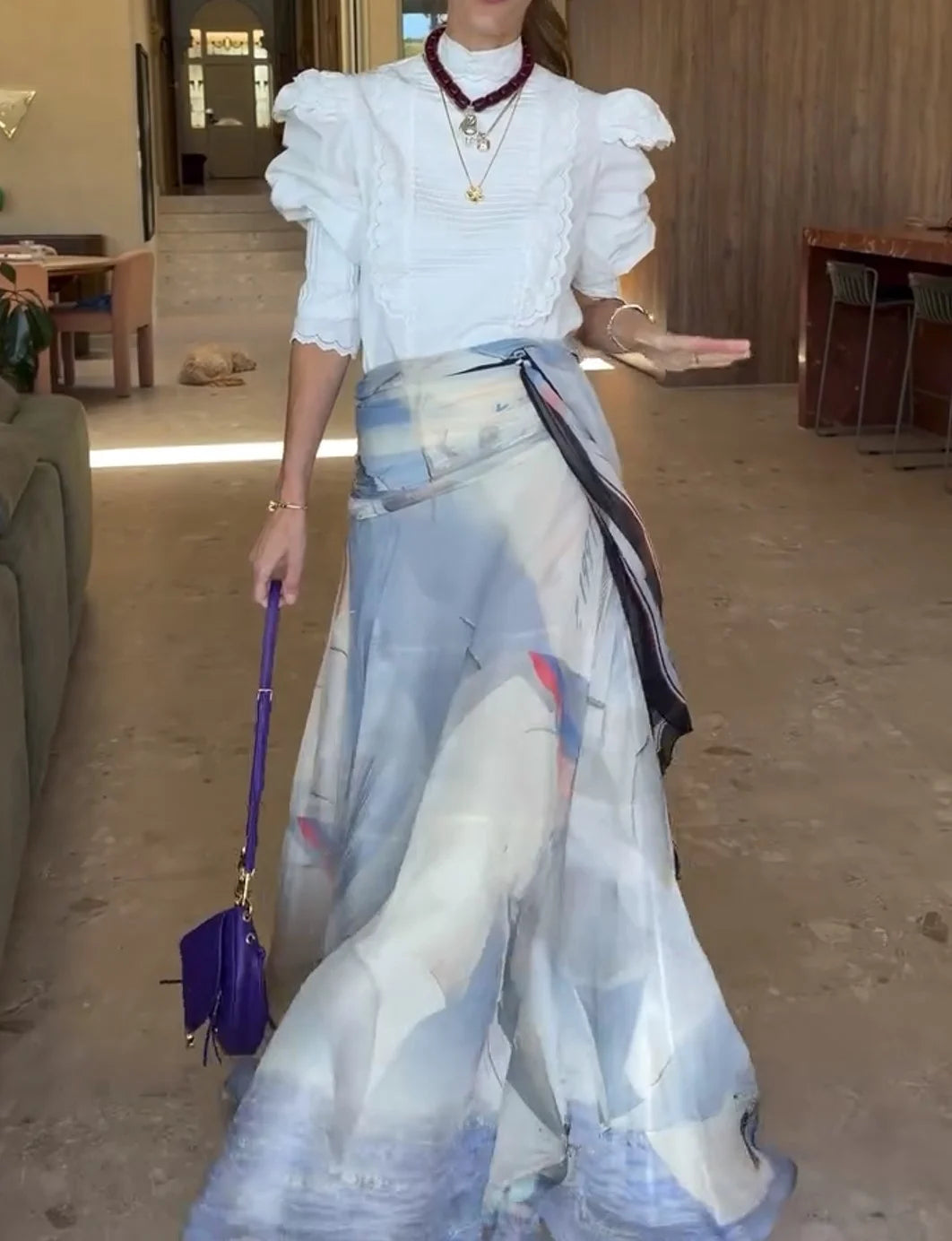 Ruffle Puff Sleeve Blouse and Abstract Print Maxi Skirt Two Piece Set