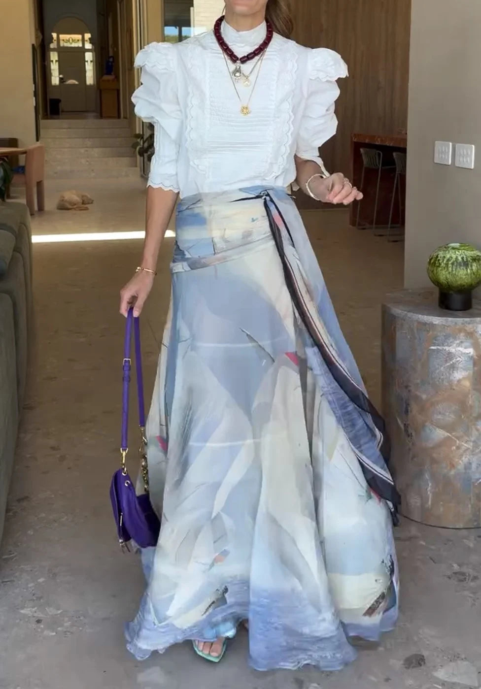 Ruffle Puff Sleeve Blouse and Abstract Print Maxi Skirt Two Piece Set