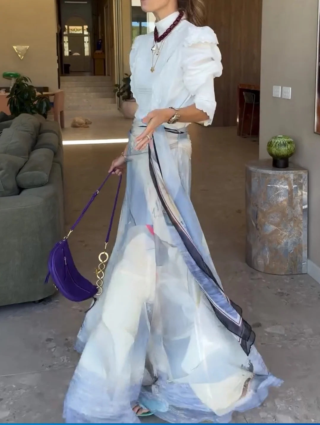 Ruffle Puff Sleeve Blouse and Abstract Print Maxi Skirt Two Piece Set