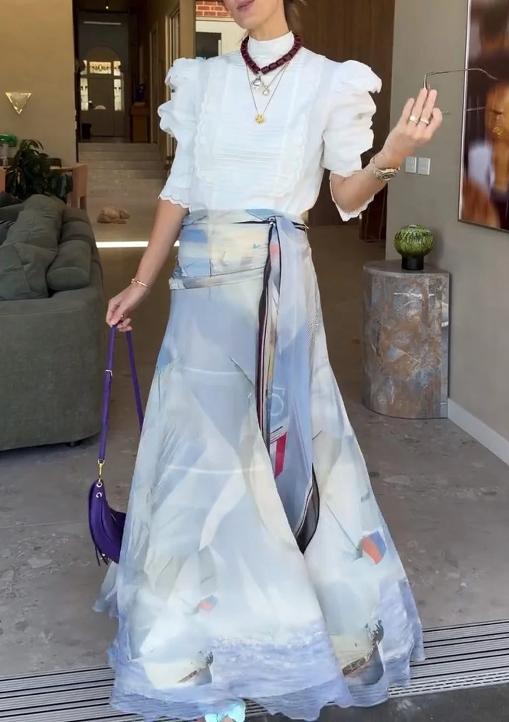 Ruffle Puff Sleeve Blouse and Abstract Print Maxi Skirt Two Piece Set