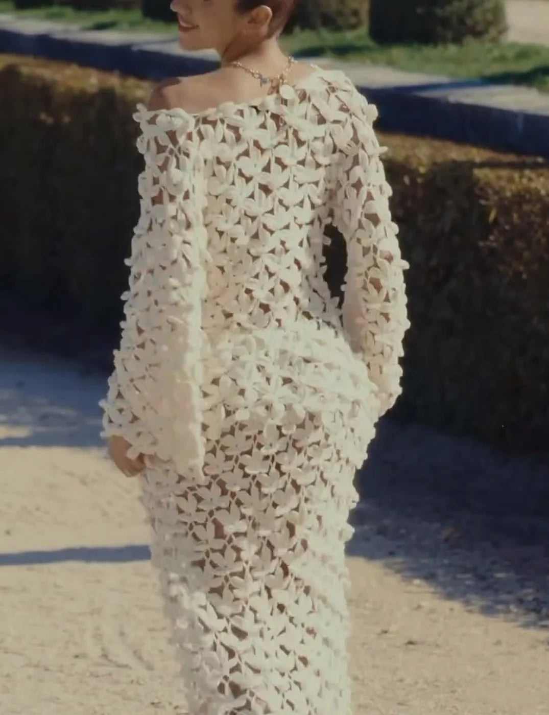 Floral Crochet Open Knit Long Sleeve Top and Maxi Skirt Two Piece Set