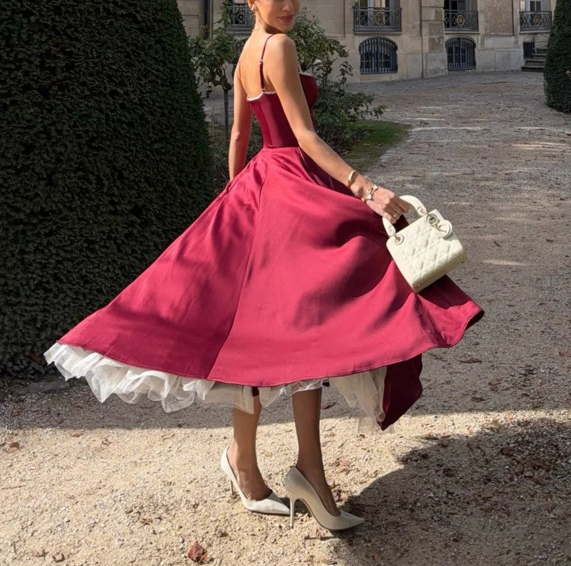 Burgundy Corset Sweetheart Neckline Satin Maxi Dress with Tulle Hem