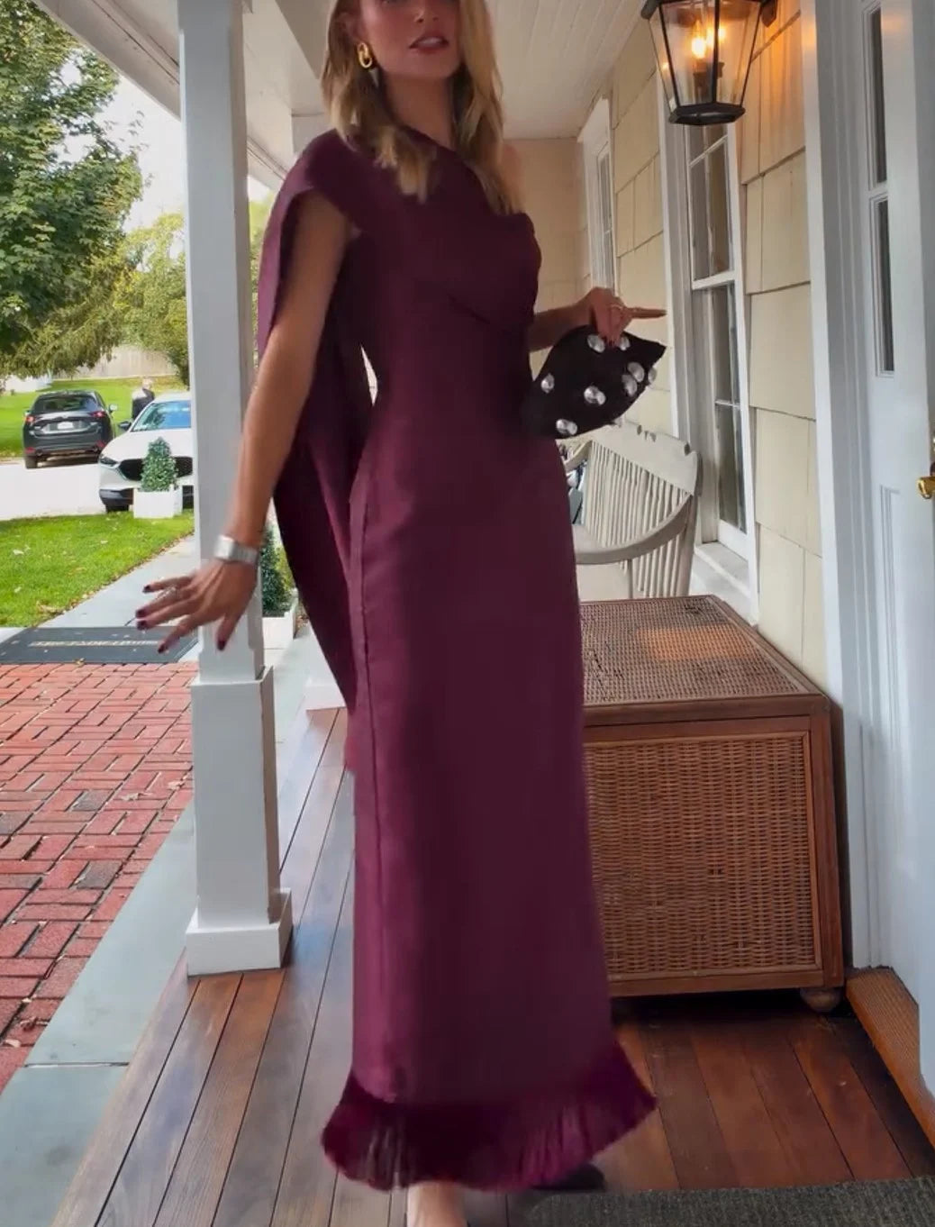 Robe longue de soirée prune fourreau pour femme, asymétrique à une épaule et à ourlet frangé