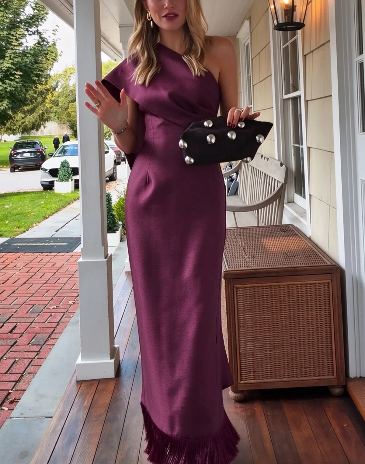 Women's One Shoulder Fringe Hem Column Plum Evening Maxi Dress