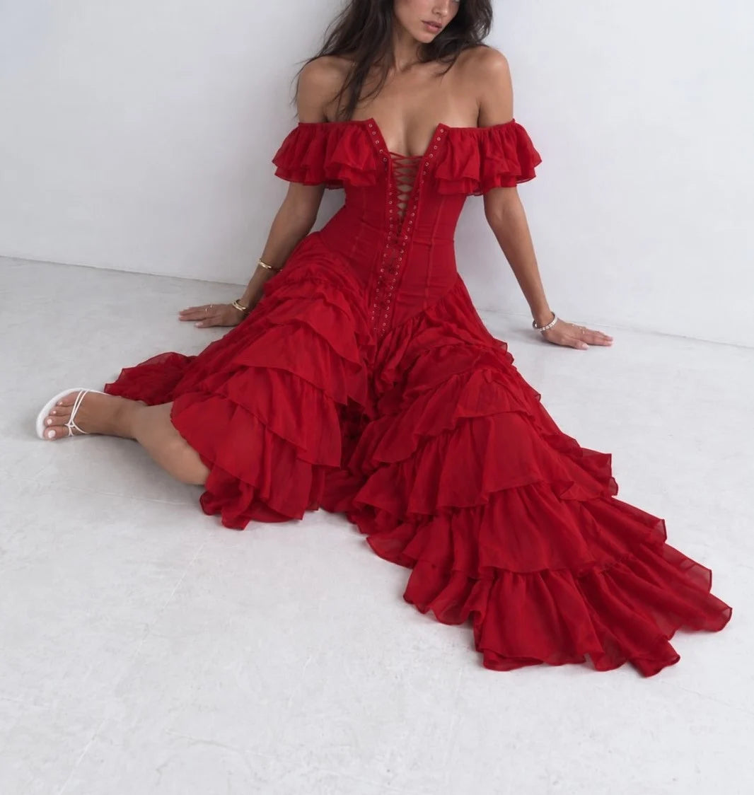 Off-Shoulder Corset Lace-Up Tiered Ruffle Slit Maxi Dress
