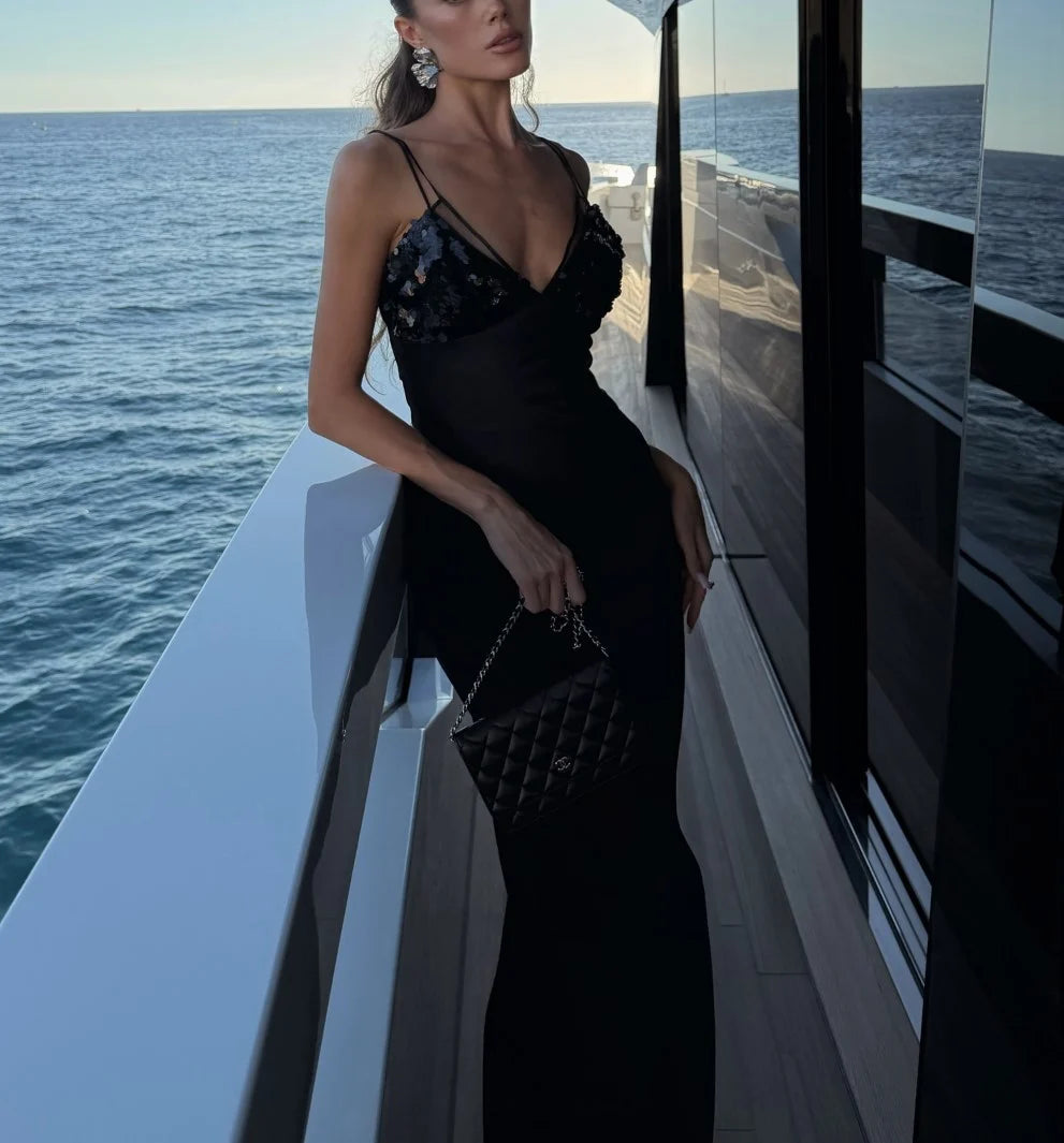 Black Sequin Bust Ruched Satin Cami Maxi Dress
