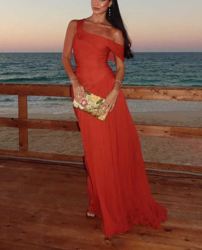One Shoulder Ruched Chiffon Maxi Dress Elegant Evening Party Gown
