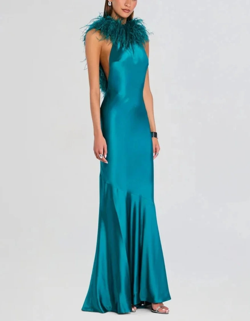 Teal Satin Feather Trim Halter Neck Sleeveless Evening Maxi Dress