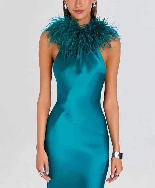 Teal Satin Feather Trim Halter Neck Sleeveless Evening Maxi Dress