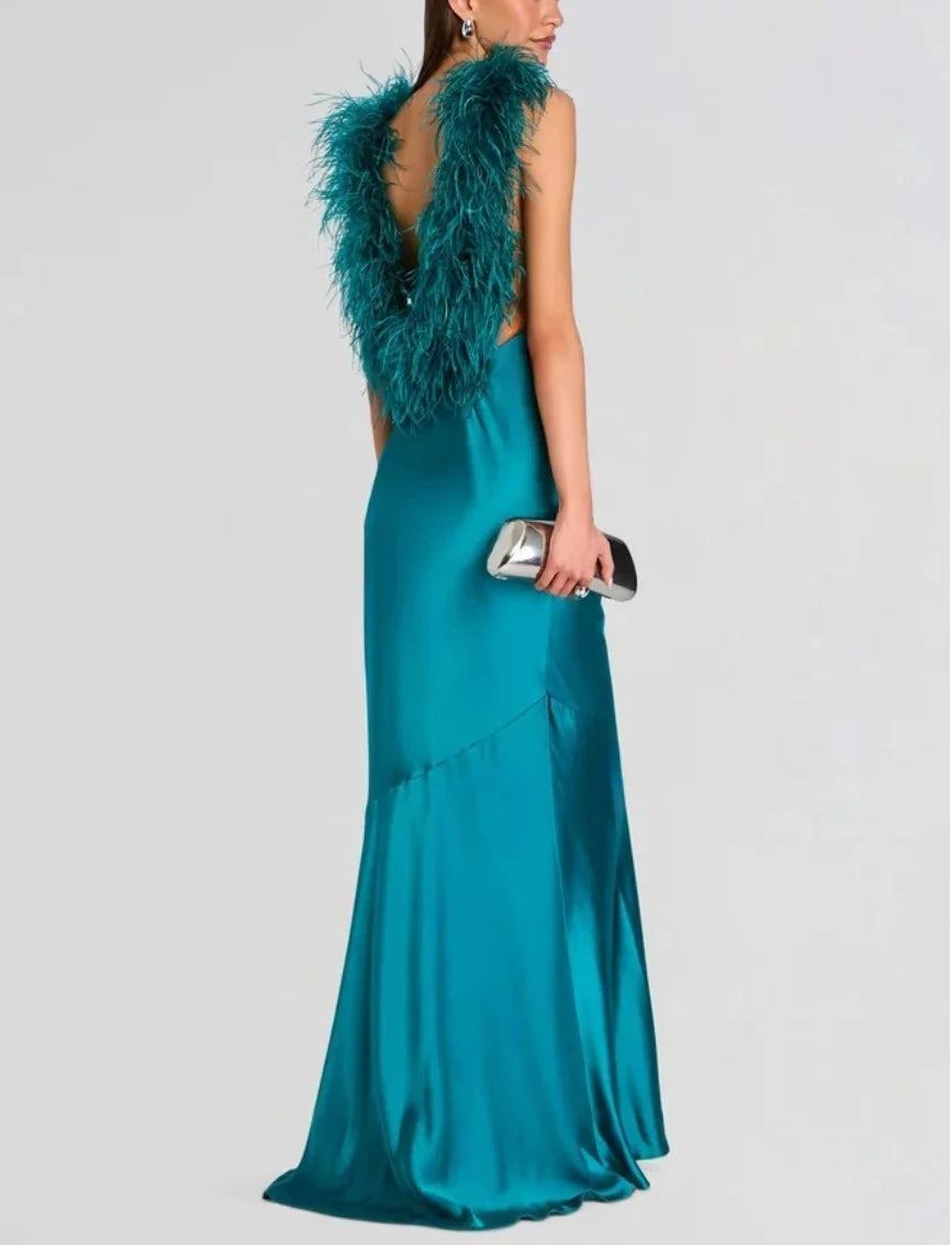 Teal Satin Feather Trim Halter Neck Sleeveless Evening Maxi Dress