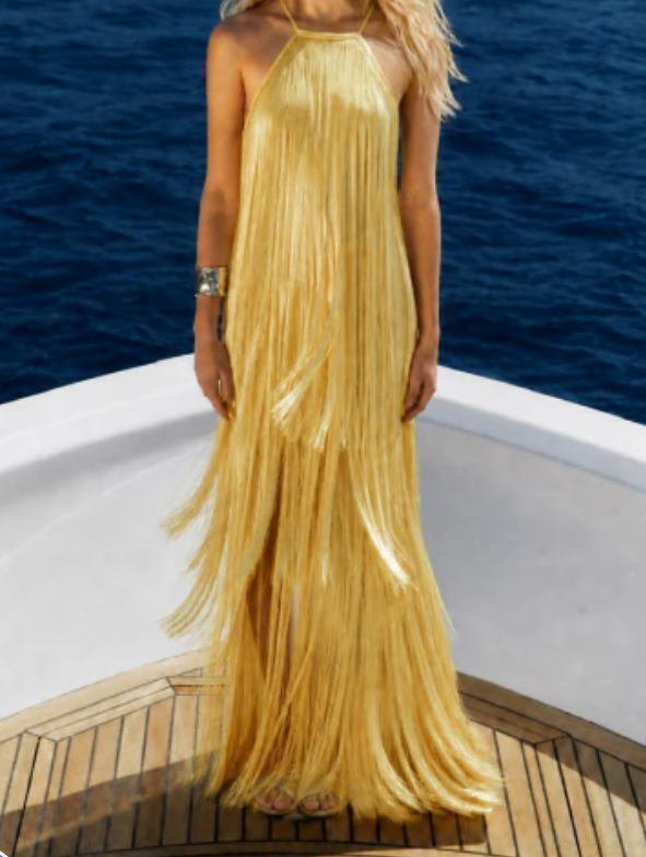 Kleid mit Seitenschlitz am Kragen, zitronengelb, laminiert, mit Quasten