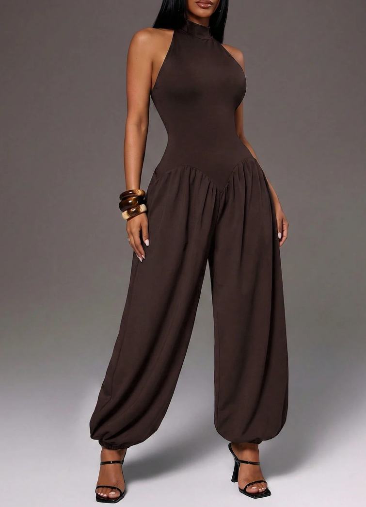 Women's Leopard Print Halter Jumpsuit - Backless Wide-Leg Lantern Pants Romper for Party & Clubwear