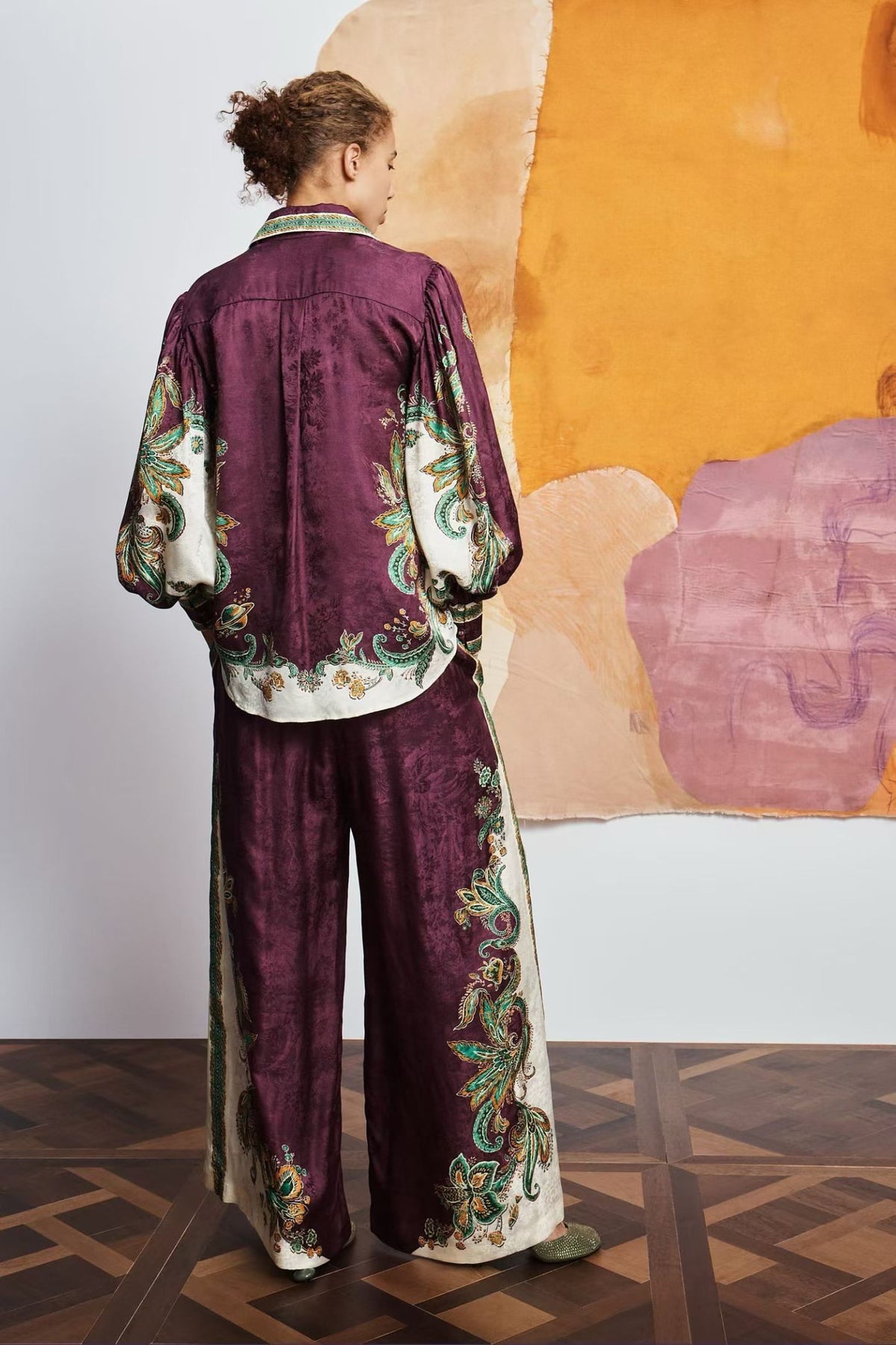 Plum Silk Paisley Print Two-Piece Set – Vintage Boho Long Sleeve Blouse & Wide-Leg Pants Co-ord