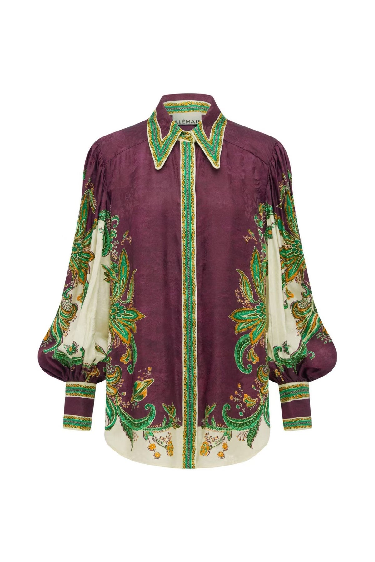 Completo in seta color prugna a due pezzi con stampa cachemire: blusa vintage boho a maniche lunghe e pantaloni a gamba larga
