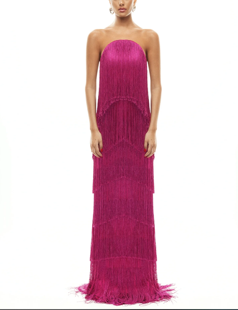 Strapless Tiered Fringe Maxi Evening Gown, Sleeveless Tube Top Formal Party Long Dress