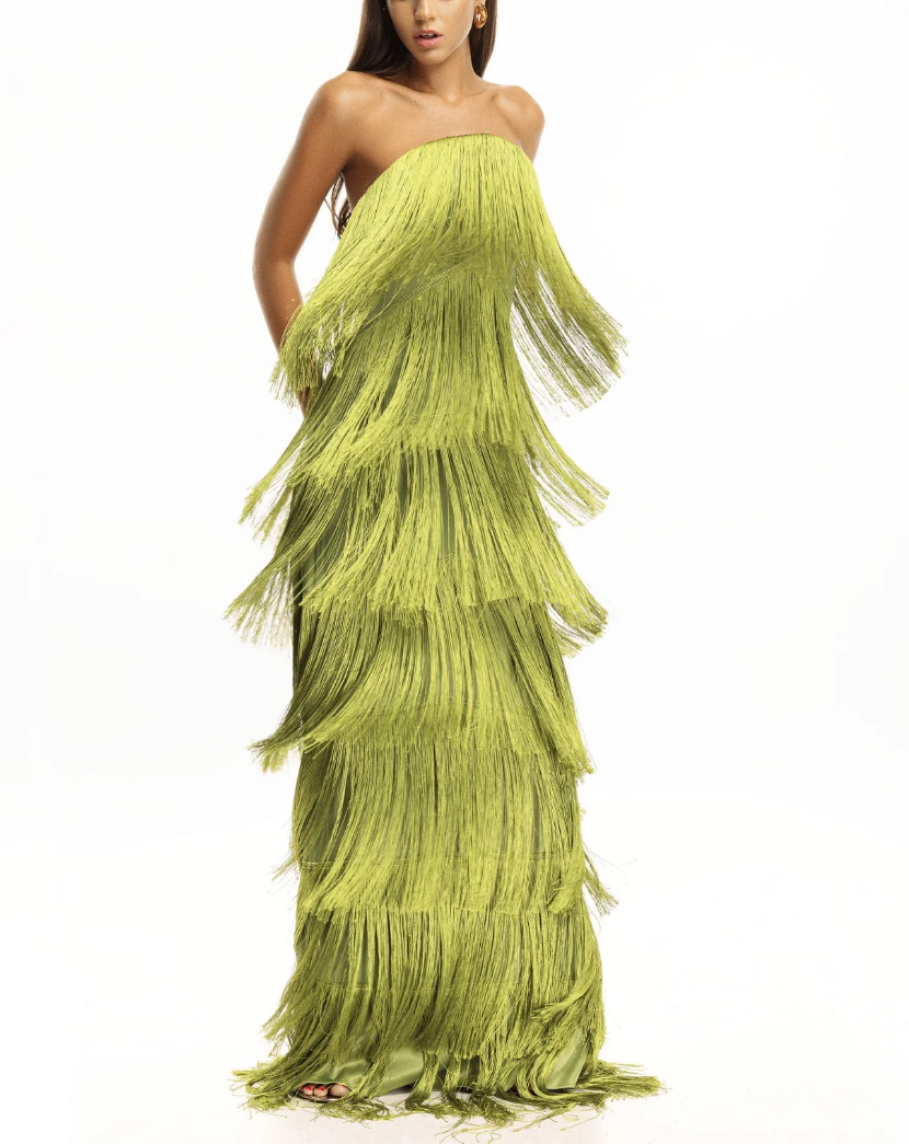 Strapless Tiered Fringe Maxi Evening Gown, Sleeveless Tube Top Formal Party Long Dress