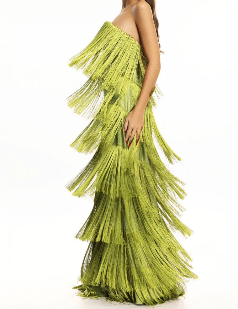 Vestido de noite comprido cai-cai com franjas em camadas, sem mangas, com top cai-cai, para festas formais
